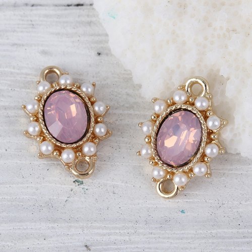 Connecteur blanc doré perles à strass rose 17 x 13mm