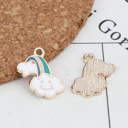 Breloque nuage arc-en-ciel émail doré blanc vert et bleu 17 x 15mm