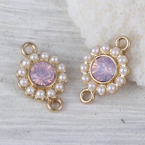 Connecteur doré blanc perles à strass rose 17 x 11mm
