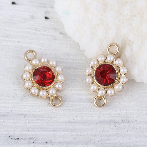 Connecteur doré blanc perles à strass rouge 17 x 11mm