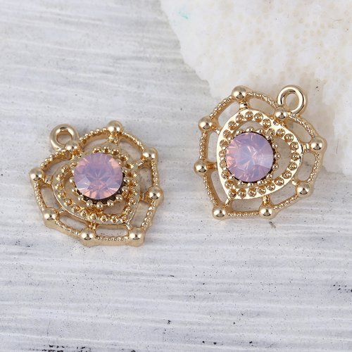 Breloque coeur doré à strass rose 18 x 15mm