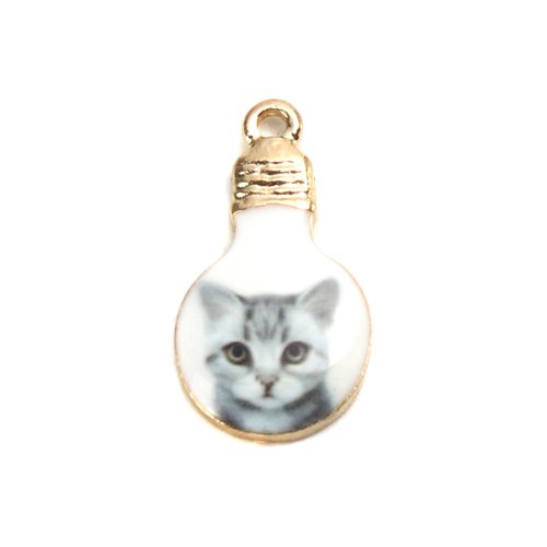 Breloque ampoule chat doré gris blanc 22 x 12mm | 9914