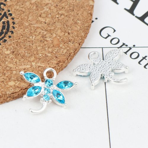 Breloque libellule argent mat strass bleu 21 x 18mm