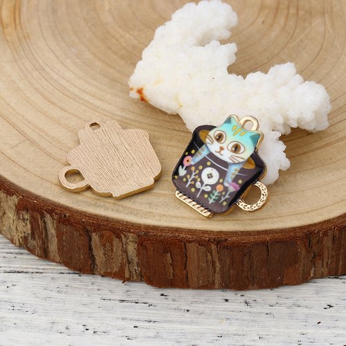 Breloque tasse chat émail doré noir 23 x 23mm