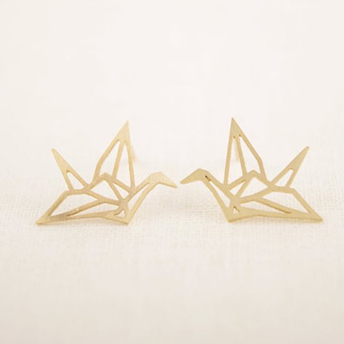 Boucles d'oreilles puces doré grue origami 10 x 5mm - x2