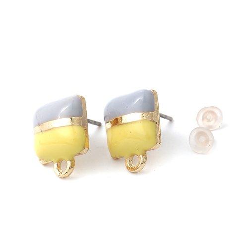 Boucles d'oreilles puces carré jaune & gris doré émail 13 x 10mm - x2 | 10695