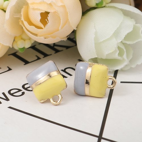 Boucles d'oreilles puces carré jaune & gris doré émail 13 x 10mm - x2
