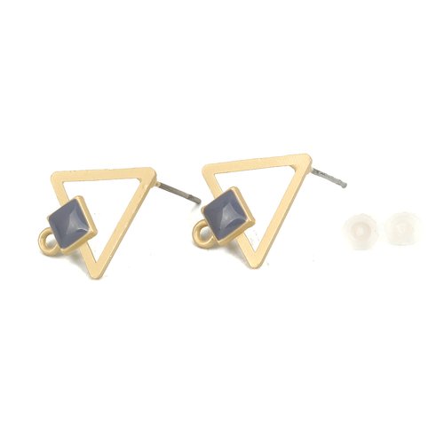 Boucles d'oreilles puces triangle bleu gris or mat 18 x 15mm - x2