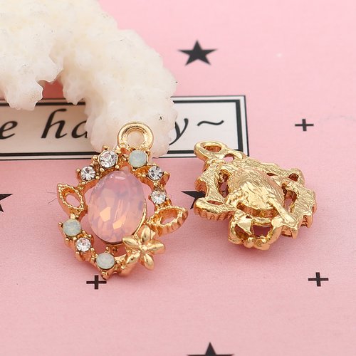 Breloque fleur doré strass rose 18 x 14mm