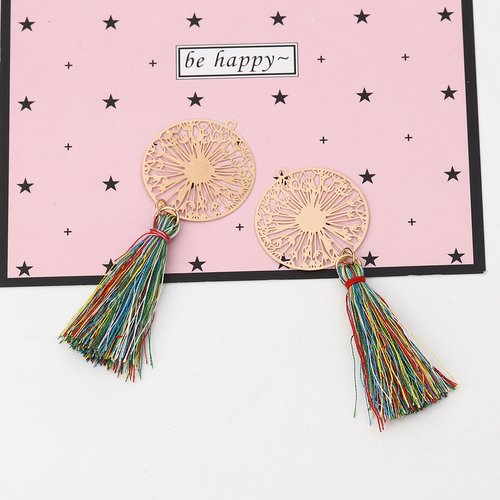 Pendentif estampe fleur pompon doré multicolore 82 x 31mm