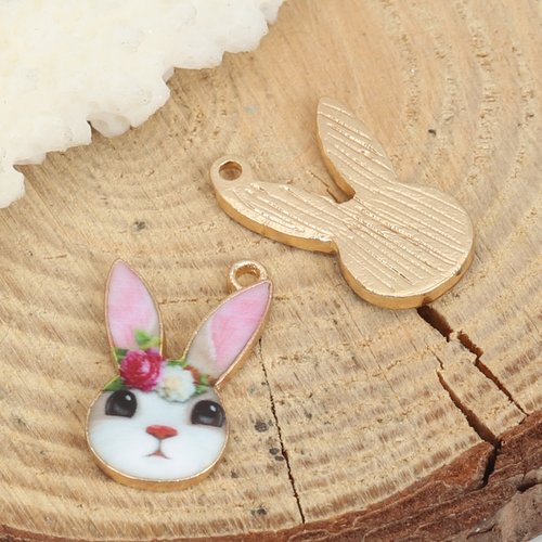 Breloque lapin émail doré rose clair 19 x 11mm
