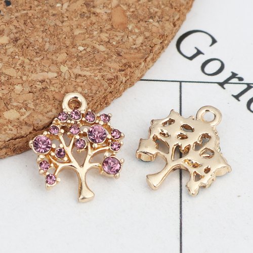Breloque arbre doré et strass pourpre 16 x 14mm