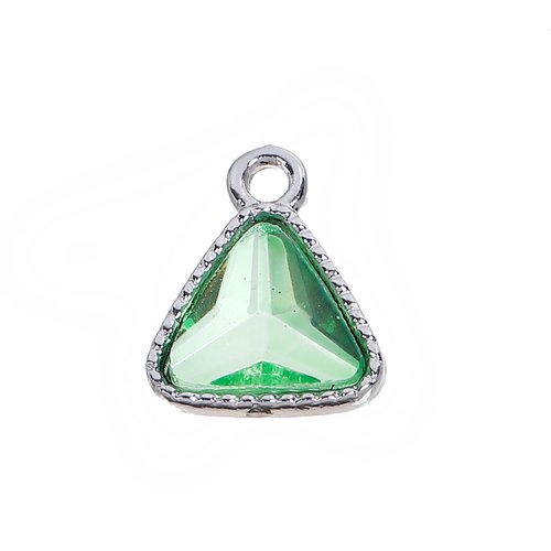 Breloque triangle argent mat à strass vert 13 x 11mm | 11003