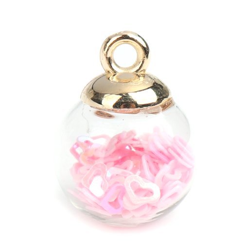 Breloque verre globe coeur doré rose clair 21 x 16mm