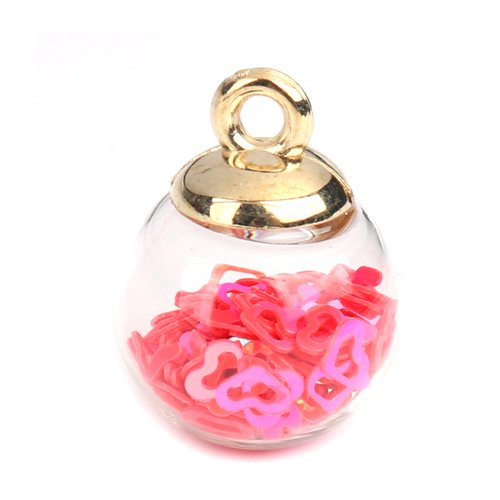 Breloque verre globe cœur doré fuchsia 21 x 16mm