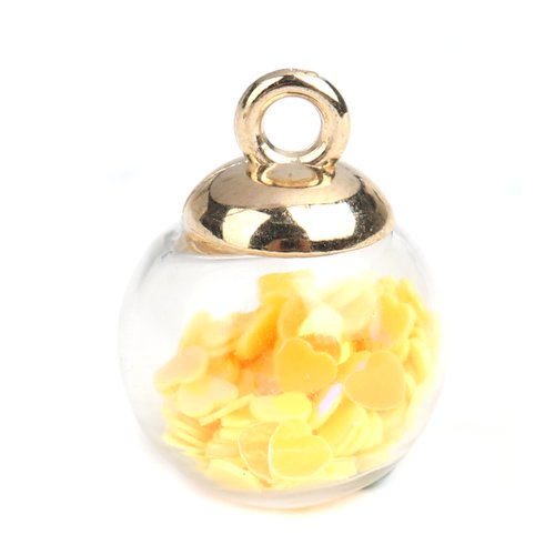 Breloque verre globe coeur doré jaune clair 21 x 16mm | 11217