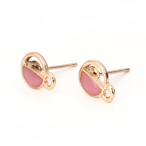 Boucles d'oreilles puces doré rose rond émail 11mm x 8mm - x2