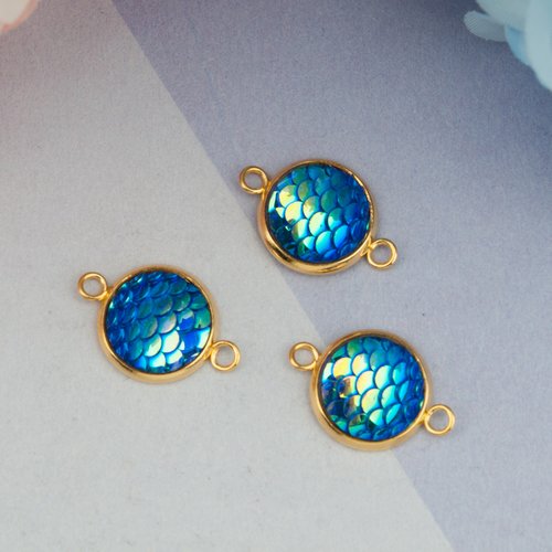 Connecteur écailles de dragon sirène rond bleu doré 21 x 14mm