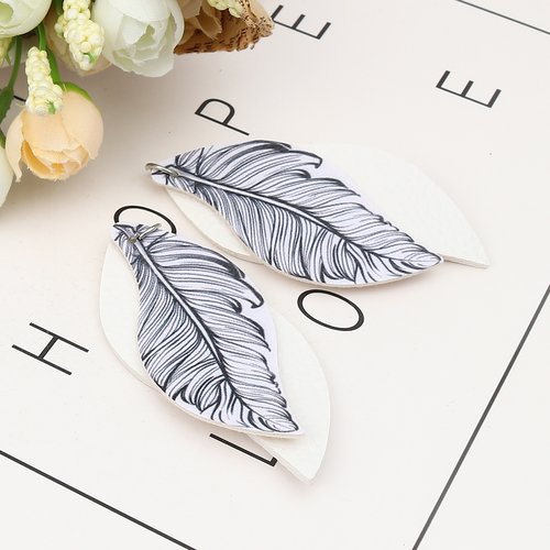 Pendentif feuille plume noir blanc 77mm