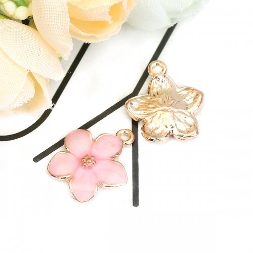 Breloque fleur violette émail doré rose 17 x 15mm