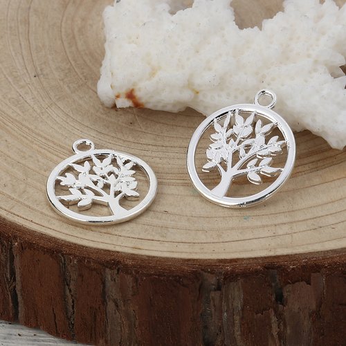 Breloque arbre rond argenté 20 x 17 mm