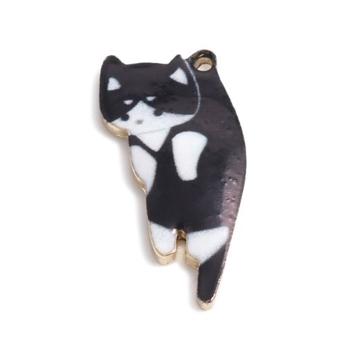 Breloque chat doré noir & blanc émail 25 x 11mm