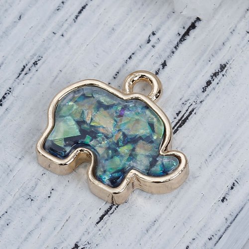 Breloque éléphant doré résine vert 17 x 15 mm
