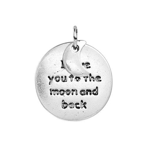 Breloque lune argent mat gravé noir i love you to the moon and back 17mm | 12055