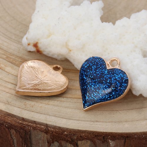 Breloque coeur brillant doré bleu 17 x 16mm