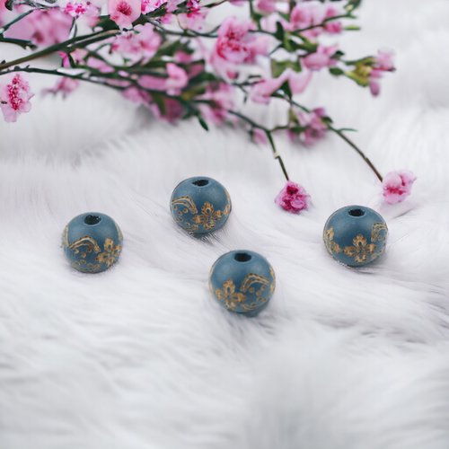 Perle en bois fleurs bleu gris 10mm