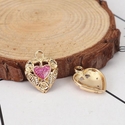 Breloque coeur brillant doré fuchsia 18 x 14 mm