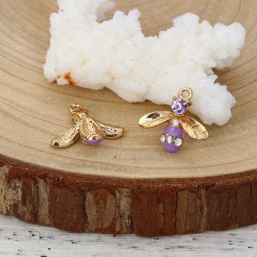 Breloque abeille émail doré violet à strass 17 x 15mm