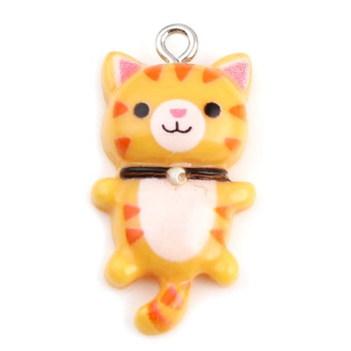 Breloque chat résine argent mat orange 29mm