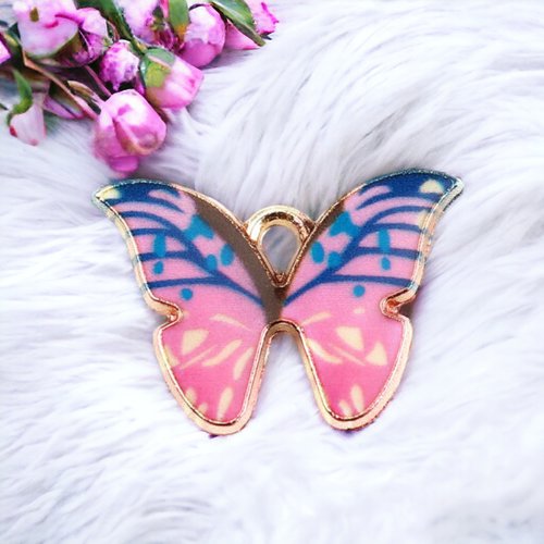 Breloque papillon doré bleu rose 22mm