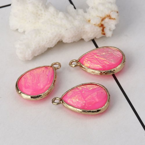 Breloque irisation aurores boréales goutte d'eau or clair rose 23 x 15mm