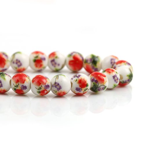 Perles en céramique rouge fleurs 8mm - x5 | 14945