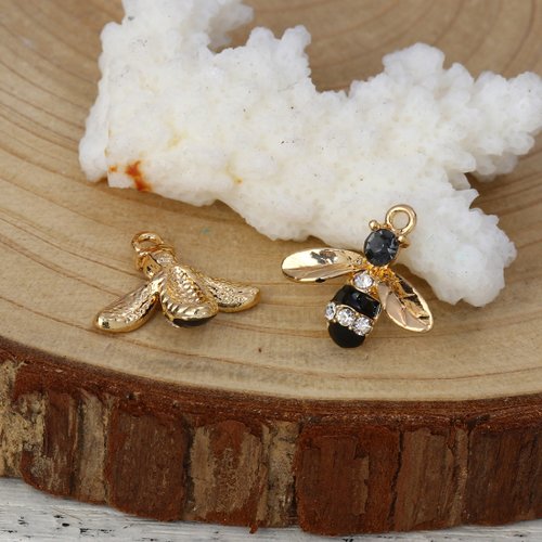 Breloque abeille émail doré noir à strass 17 x 15mm