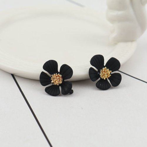 Boucles d'oreilles puces fleur or & noir 20 x 17mm - x2