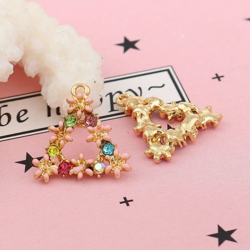 Breloque fleur émail doré rose multicolore 16 x 15mm