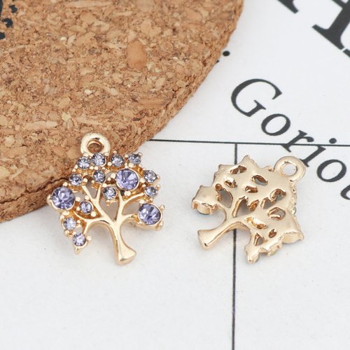 Breloque arbre doré et strass bleu pourpre 16 x 14mm