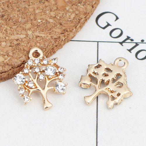 Breloque arbre doré et strass blanc 16 x 14mm