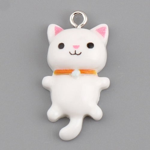 Breloque chat résine argent mat blanc 29mm