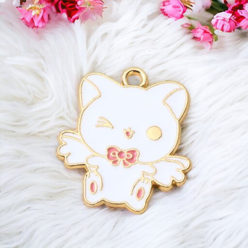 Breloque chat ailes blanc rose 26mm