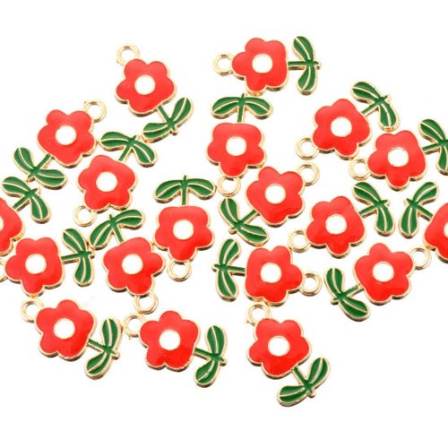 Breloque fleur doré rouge 19.5 x 12mm
