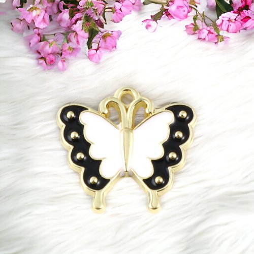Breloque papillon doré blanc noir 18 x 17mm
