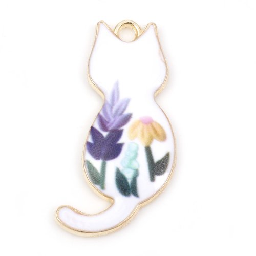 Pendentif chat fleur doré blanc émail 30 x 16mm
