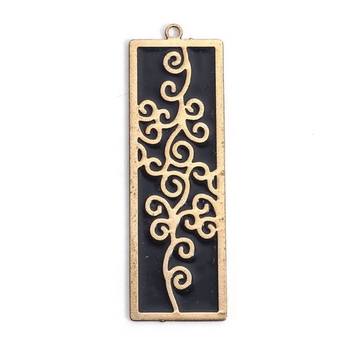 Pendentif doré noir rectangle fleur 48 x 15mm