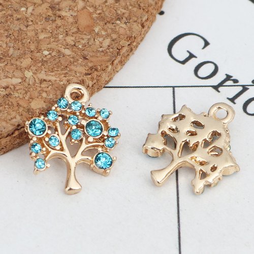 Breloque arbre doré et strass bleu 16 x 14mm