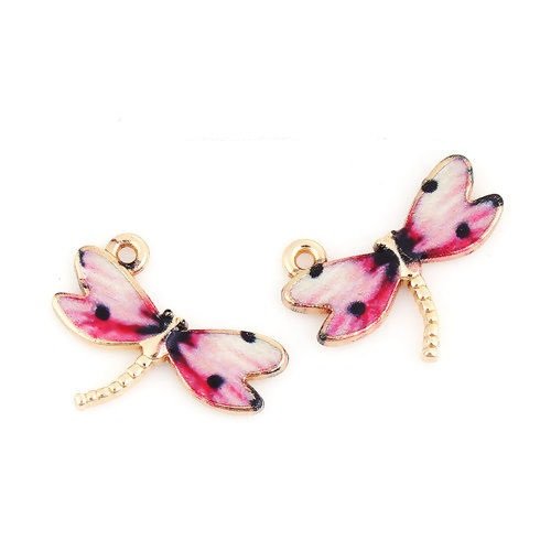 Breloque libellule émail doré fuchsia 22 x 17mm