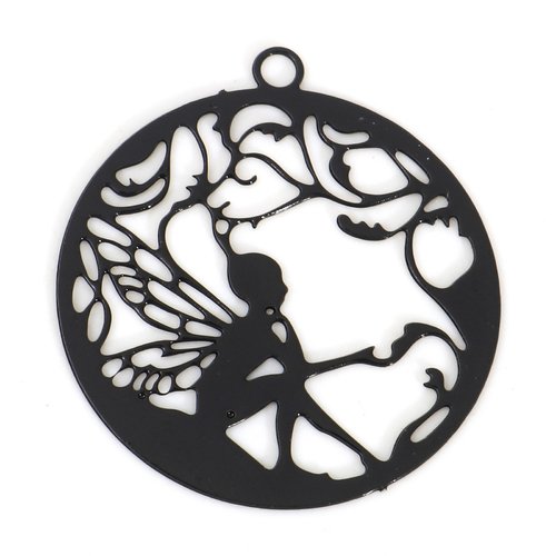 Breloque estampe fée rond noir laqué 22 x 20mm